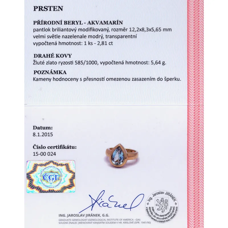 Zlatý prsten s pravým akvamarínem + posudek - 5