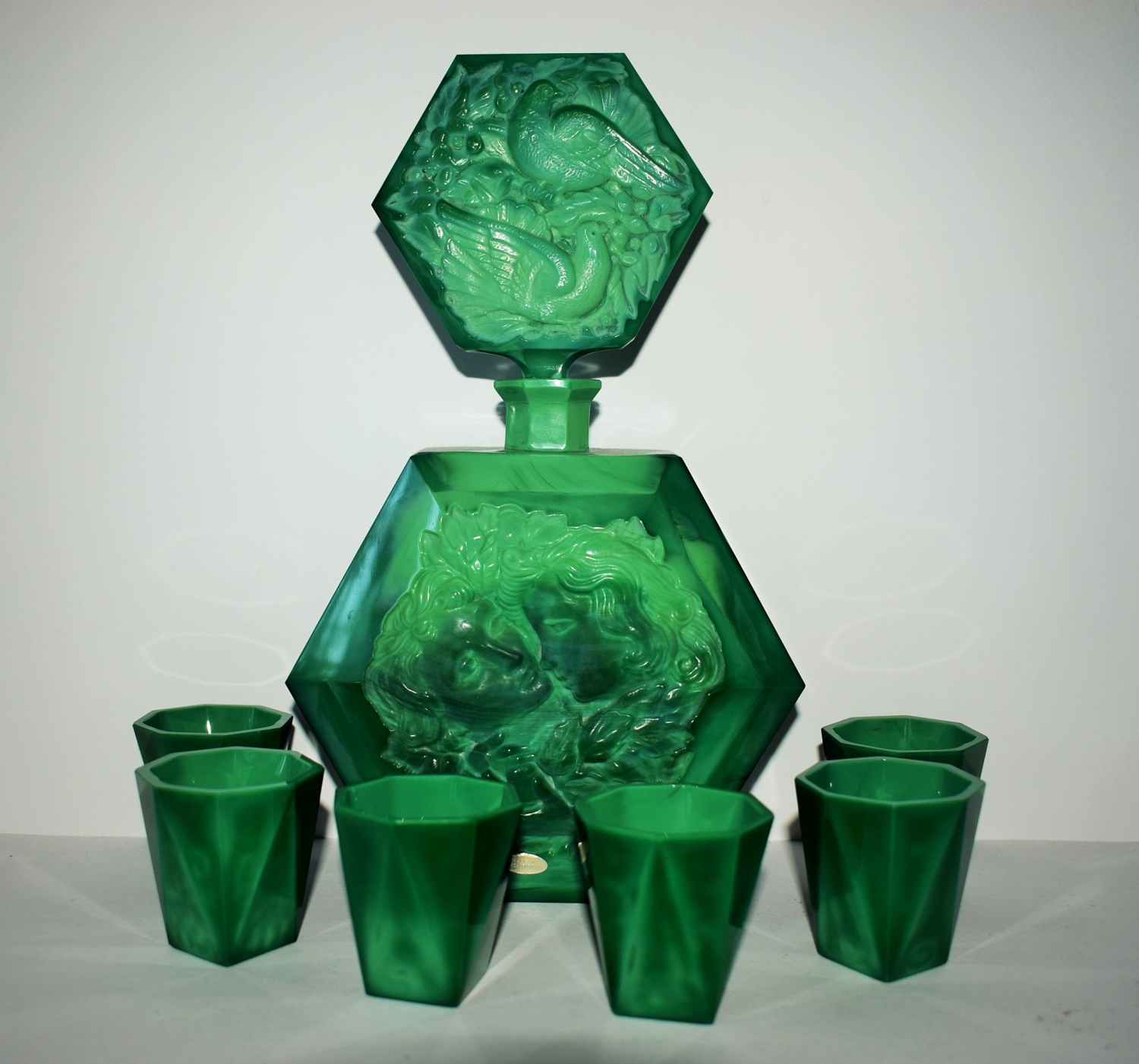 Likérová souprava – art deco R.Hlousek malachitové sklo jade