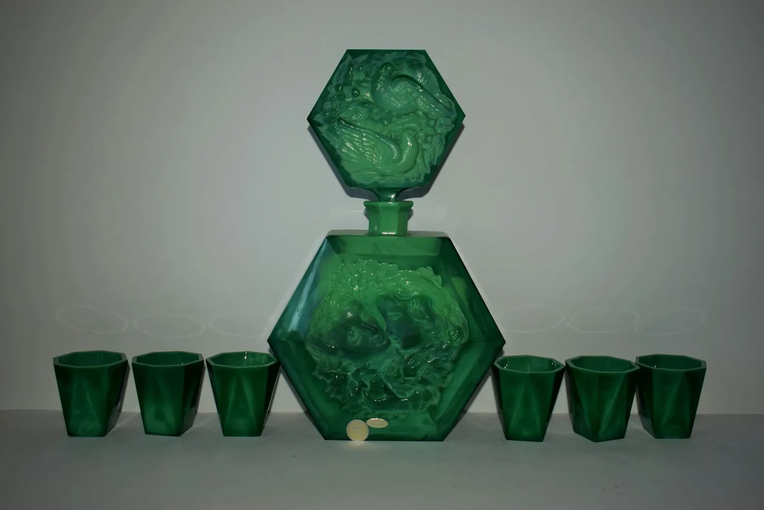 Likérová souprava – art deco R.Hlousek malachitové sklo jade - 2