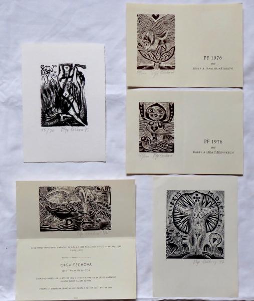 Olga Čechová - 2 x PF 1976, 2 x Ex libris, Pozvánk