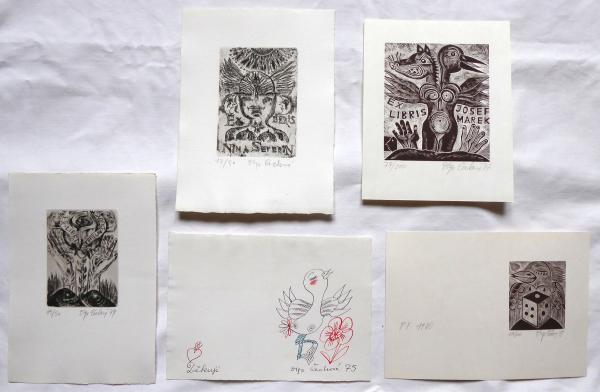 Olga Čechová - 3 x Ex libris, PF 1980, kresba Ptáč