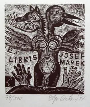 Olga Čechová – 3 x Ex libris, PF 1980, kresba Ptáč - 6