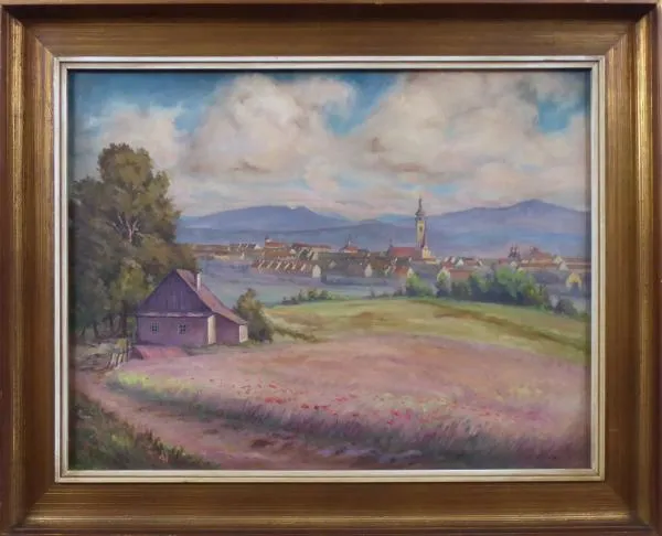 J. Emler – Pohled na městečko s kostelní věží - 1