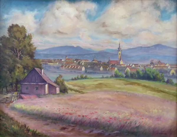 J. Emler – Pohled na městečko s kostelní věží - 5