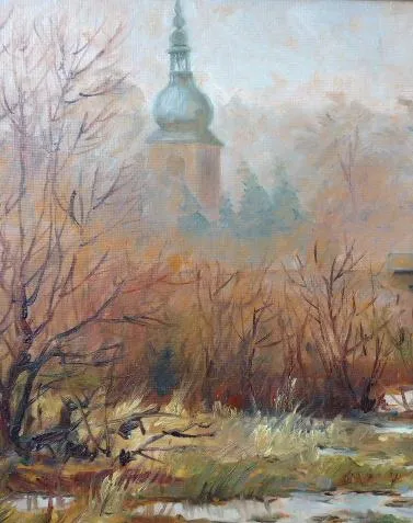 Most s postavami, vysychající řekou a kostelní věž - 5