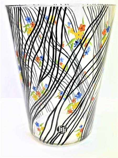 Váza čiré sklo doplněná ruční malbou s originální vlepkou