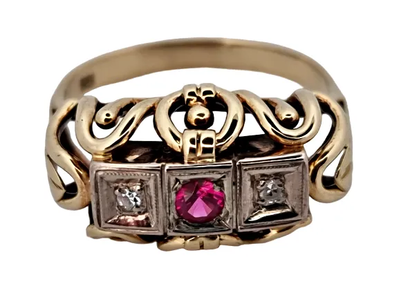 Zlatý Art Deco prsten s diamanty a rubínem - 1