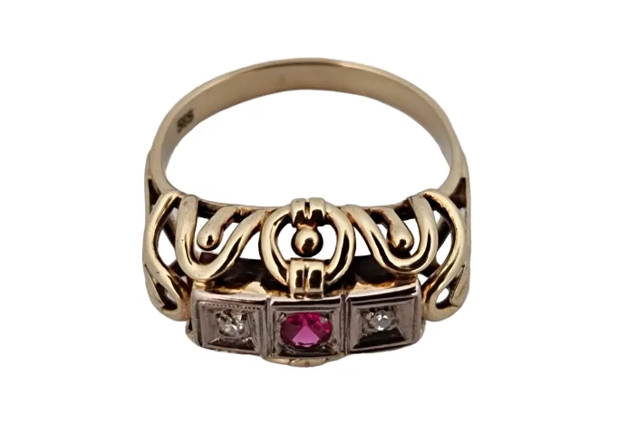 Zlatý Art Deco prsten s diamanty a rubínem - 2