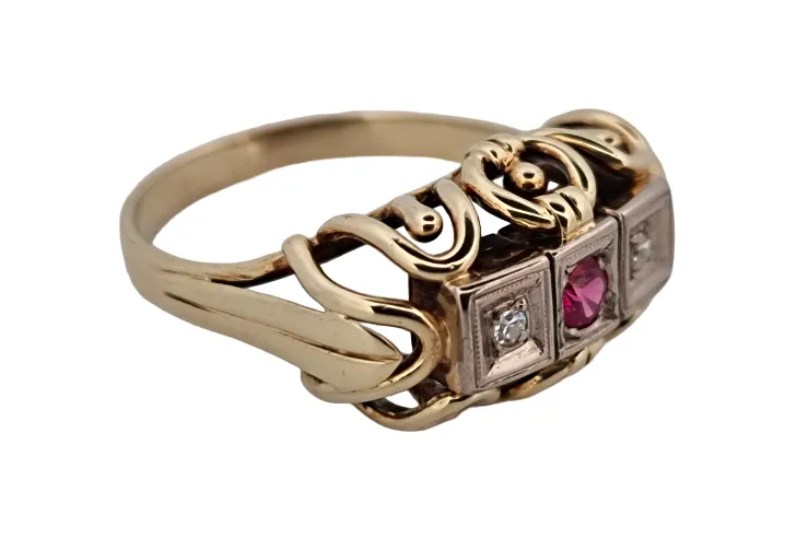 Zlatý Art Deco prsten s diamanty a rubínem - 3