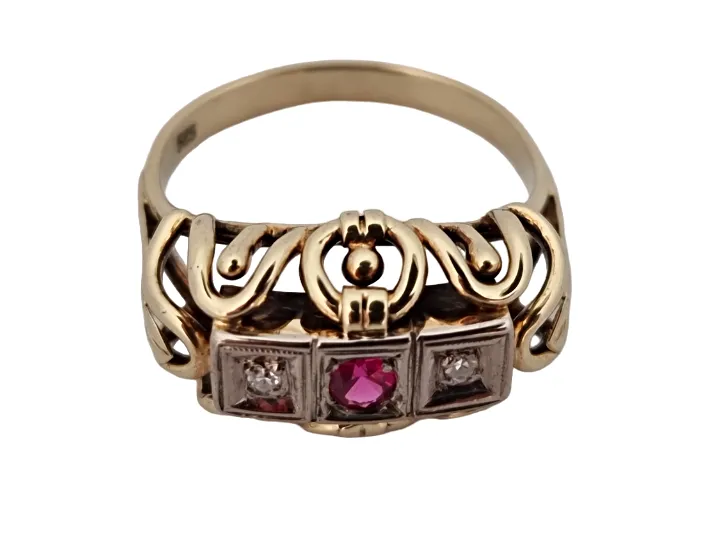 Zlatý Art Deco prsten s diamanty a rubínem - 4