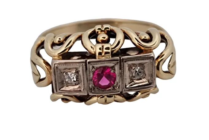 Zlatý Art Deco prsten s diamanty a rubínem - 5