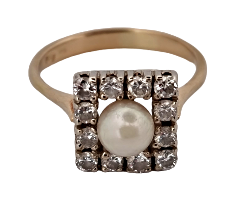 Zlatý prsten s čtvercovou hlavou, s diamanty a perlou