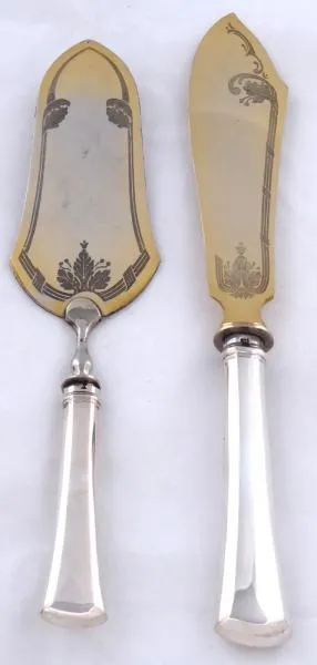 Stříbrná servírovací lopatka a nůž, v kazetě - 6