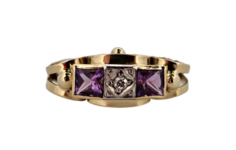 ART DECO ZLATÝ PRSTEN S AMETYSTY A DIAMANTEM - 3