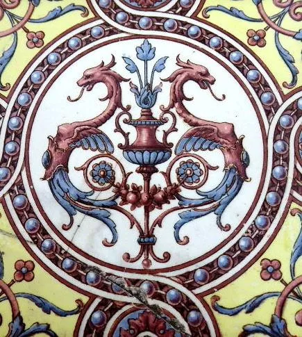 Mosazný podnos s majolikovou dlaždičkou – Sarreguemines - 6