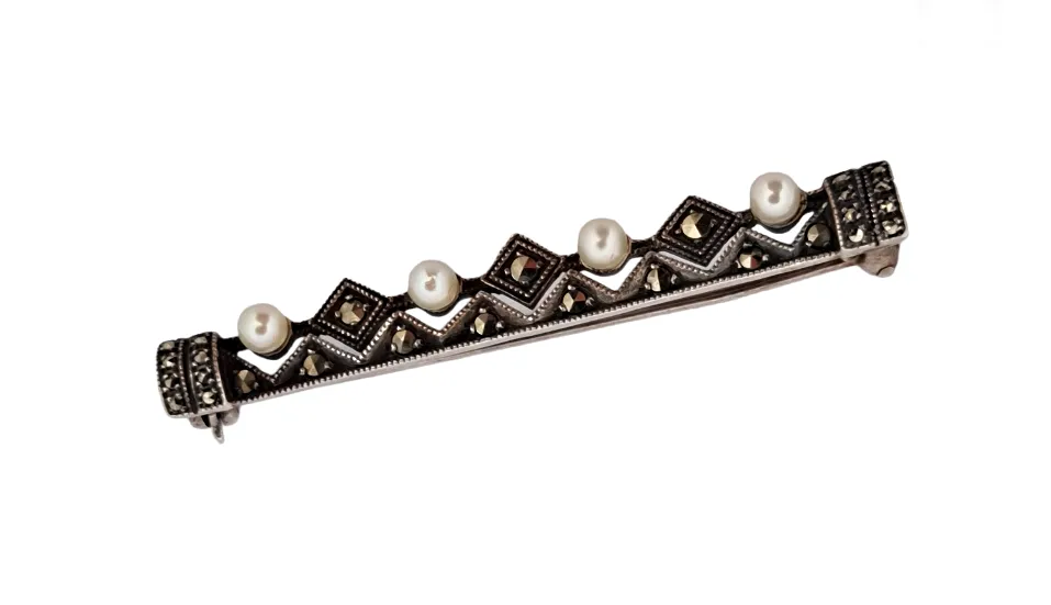 STŘÍBRNÁ BROŽ ART DECO S PERLIČKAMI A MARKAZITY - 2