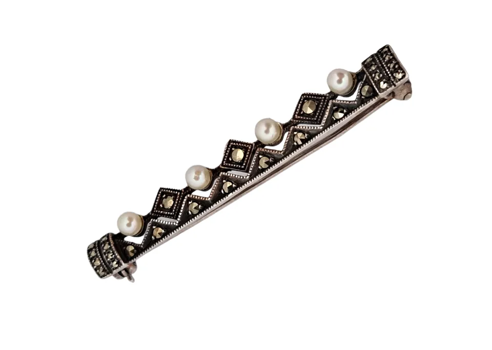 STŘÍBRNÁ BROŽ ART DECO S PERLIČKAMI A MARKAZITY - 3