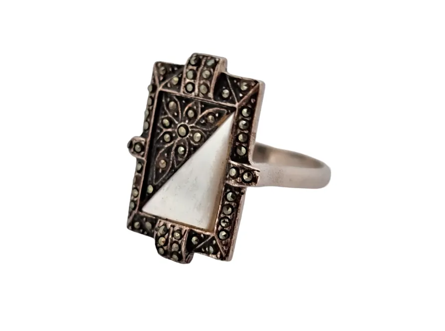 ART DECO STŘÍBRNÝ SET PRSTEN A ŘETÍZEK S PŘÍVĚSKEM S PERLETÍ A MARKAZITY - 2