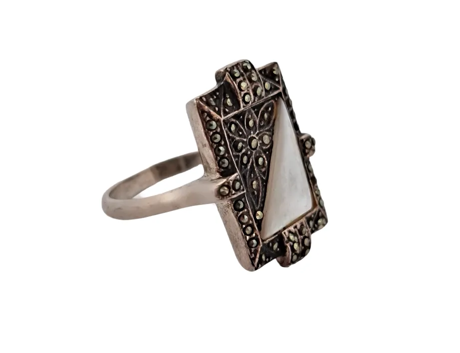 ART DECO STŘÍBRNÝ SET PRSTEN A ŘETÍZEK S PŘÍVĚSKEM S PERLETÍ A MARKAZITY - 3