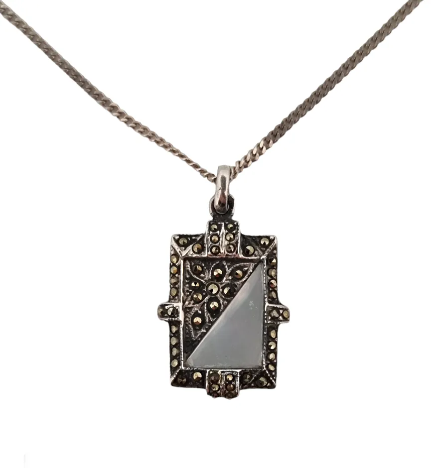 ART DECO STŘÍBRNÝ SET PRSTEN A ŘETÍZEK S PŘÍVĚSKEM S PERLETÍ A MARKAZITY - 6