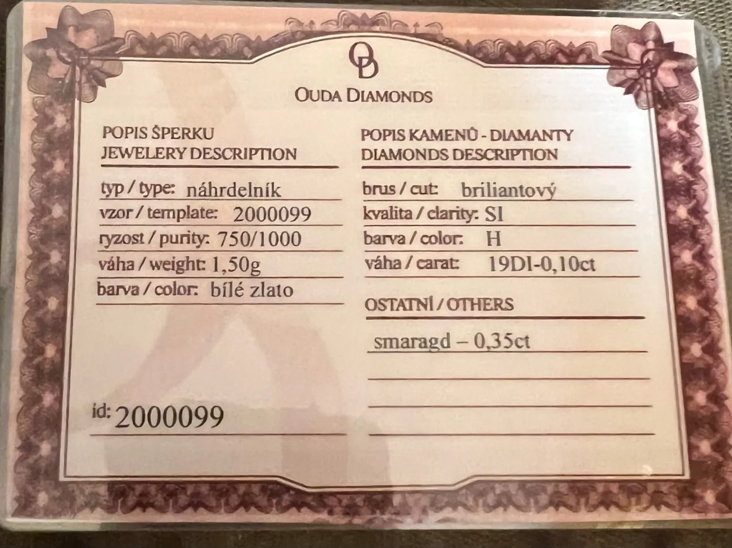 Náhrdelník z bílého zlata s brilianty a smaragdem + certifikát - 6