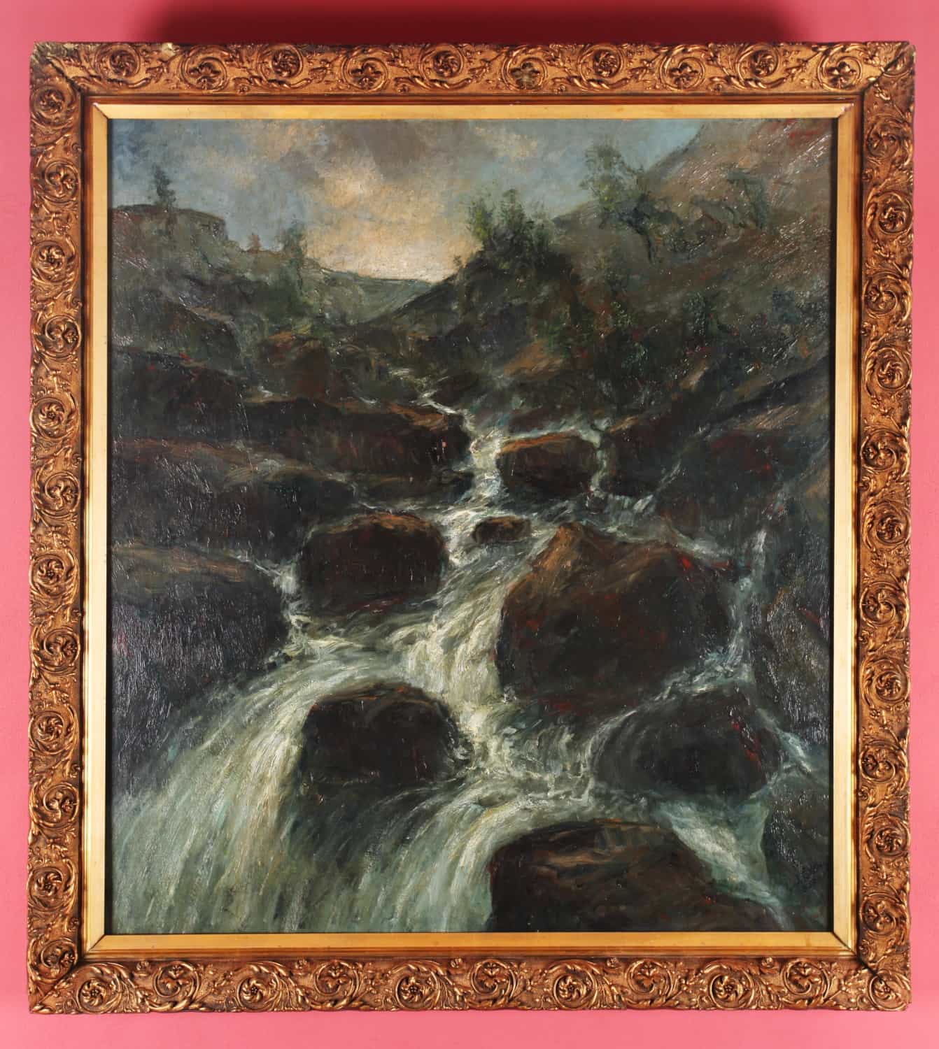 „Vodopád“ Velký obraz z 19. století. Signovaný