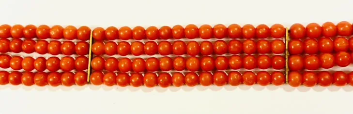 Stříbrný zlacený čtyřřadý náramek z červeného korálu - 5