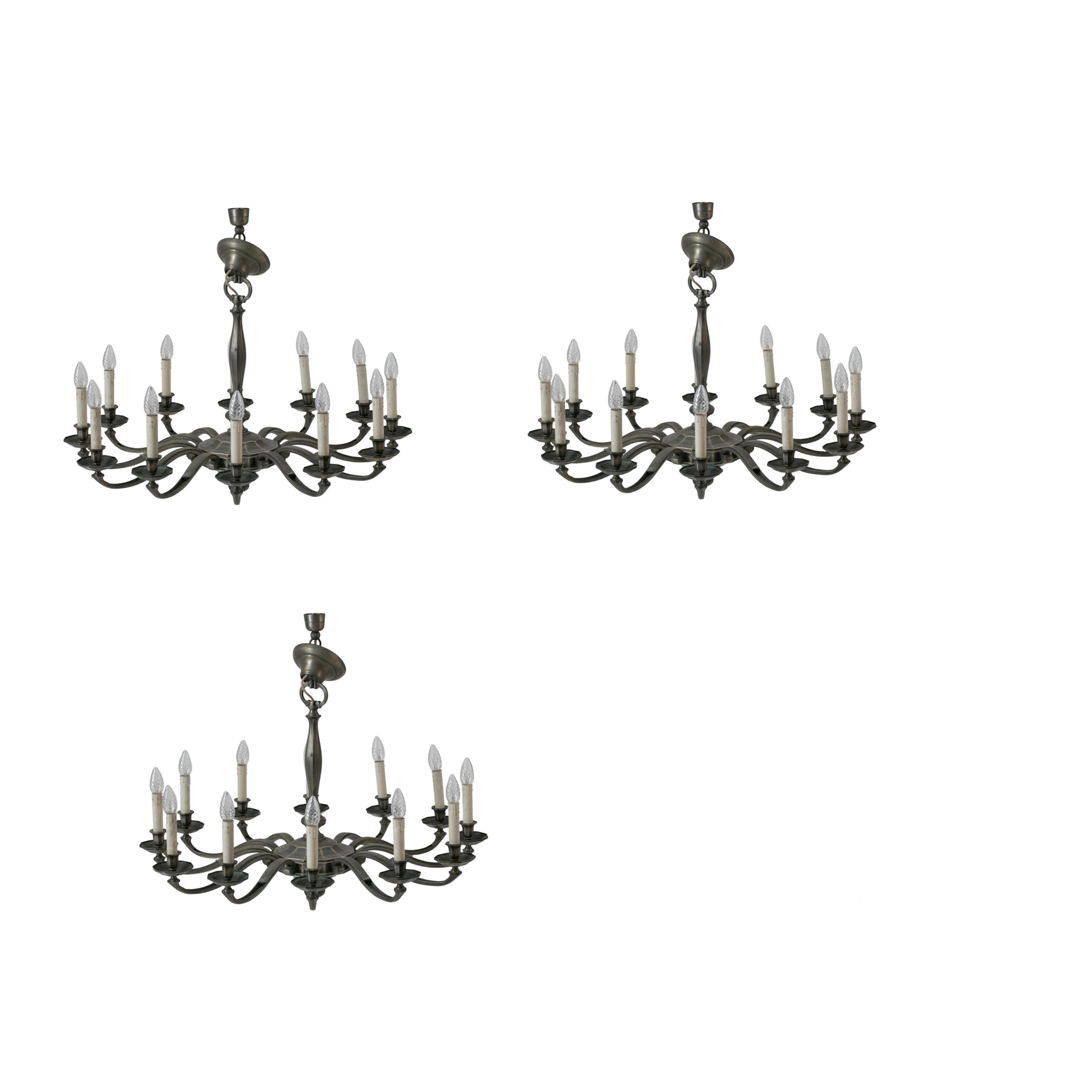 Trojice lustrů ze stříbřeného bronzu 3 x 12 žárovek