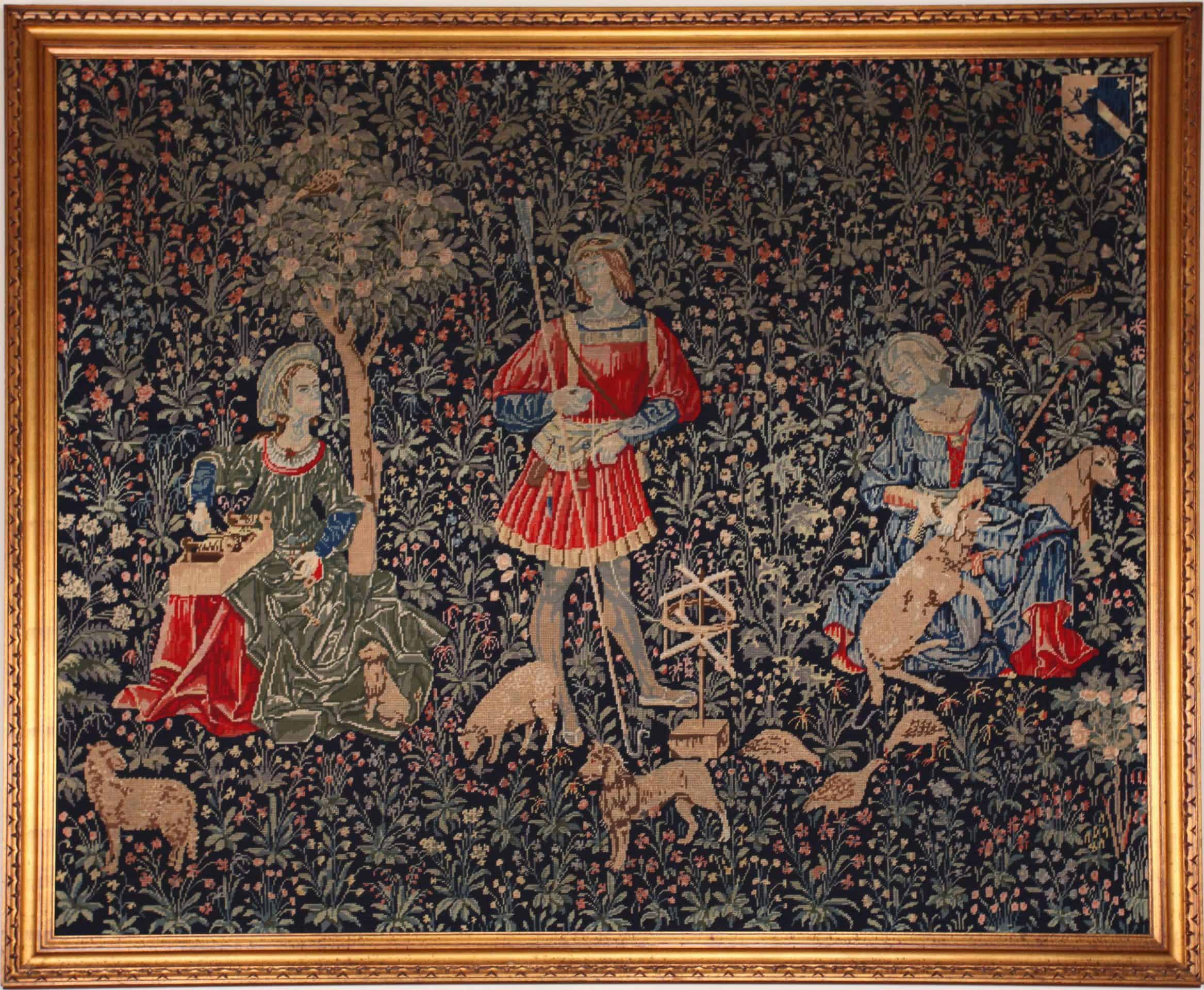 Tapiserie gobelín v rámu se středověkým motivem 175 x 145 cm