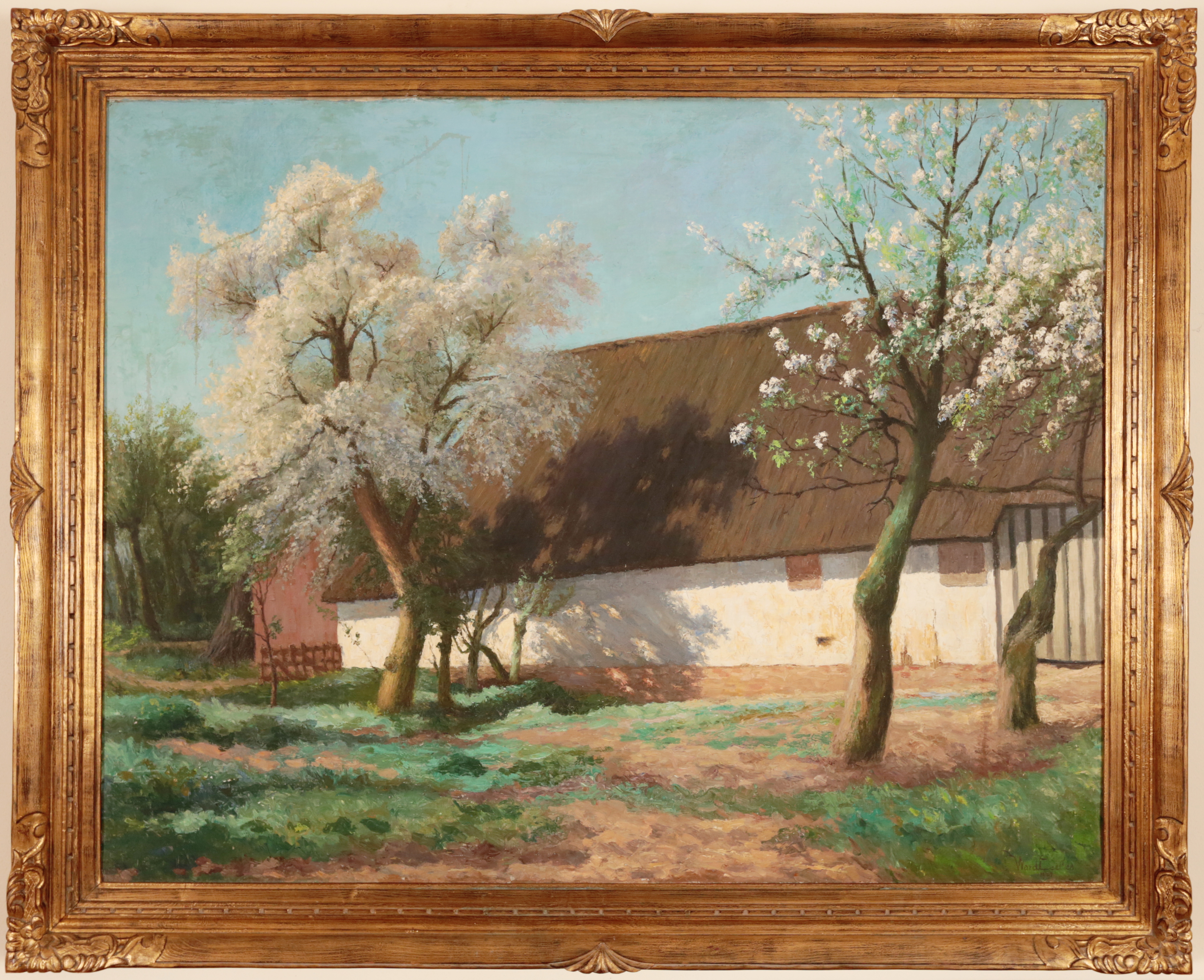 Obraz chalupa za rozkvetlými stromy. Sign 1941 144 x 117,5 cm