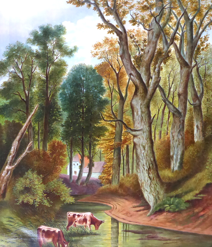 Podzimní romantická krajina se stromy, býčky a stavením - 4