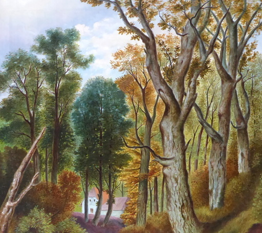 Podzimní romantická krajina se stromy, býčky a stavením - 6