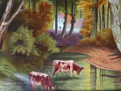 Podzimní romantická krajina se stromy, býčky a stavením - 7