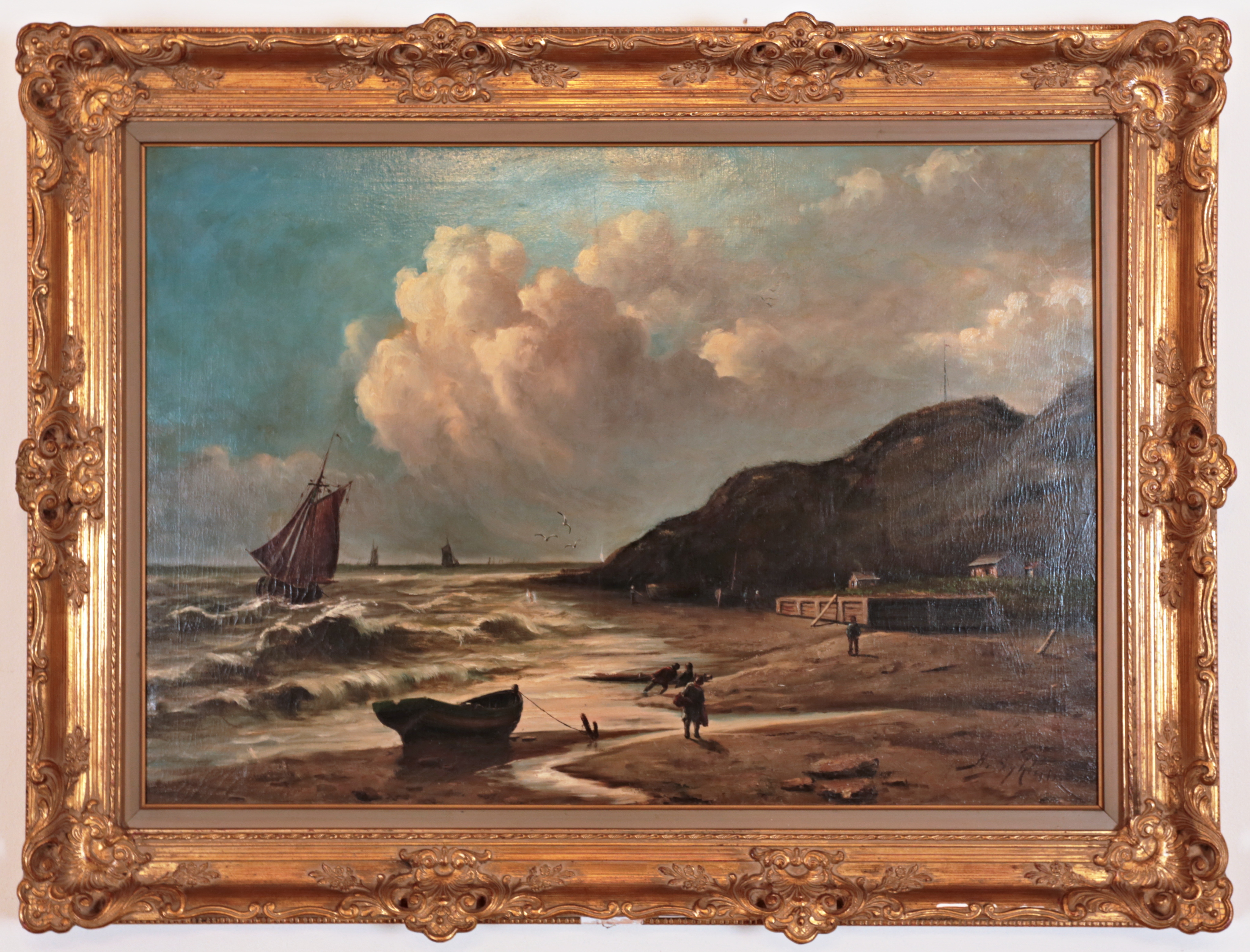 Velký obraz „Lodě u pobřeží” signovaný
