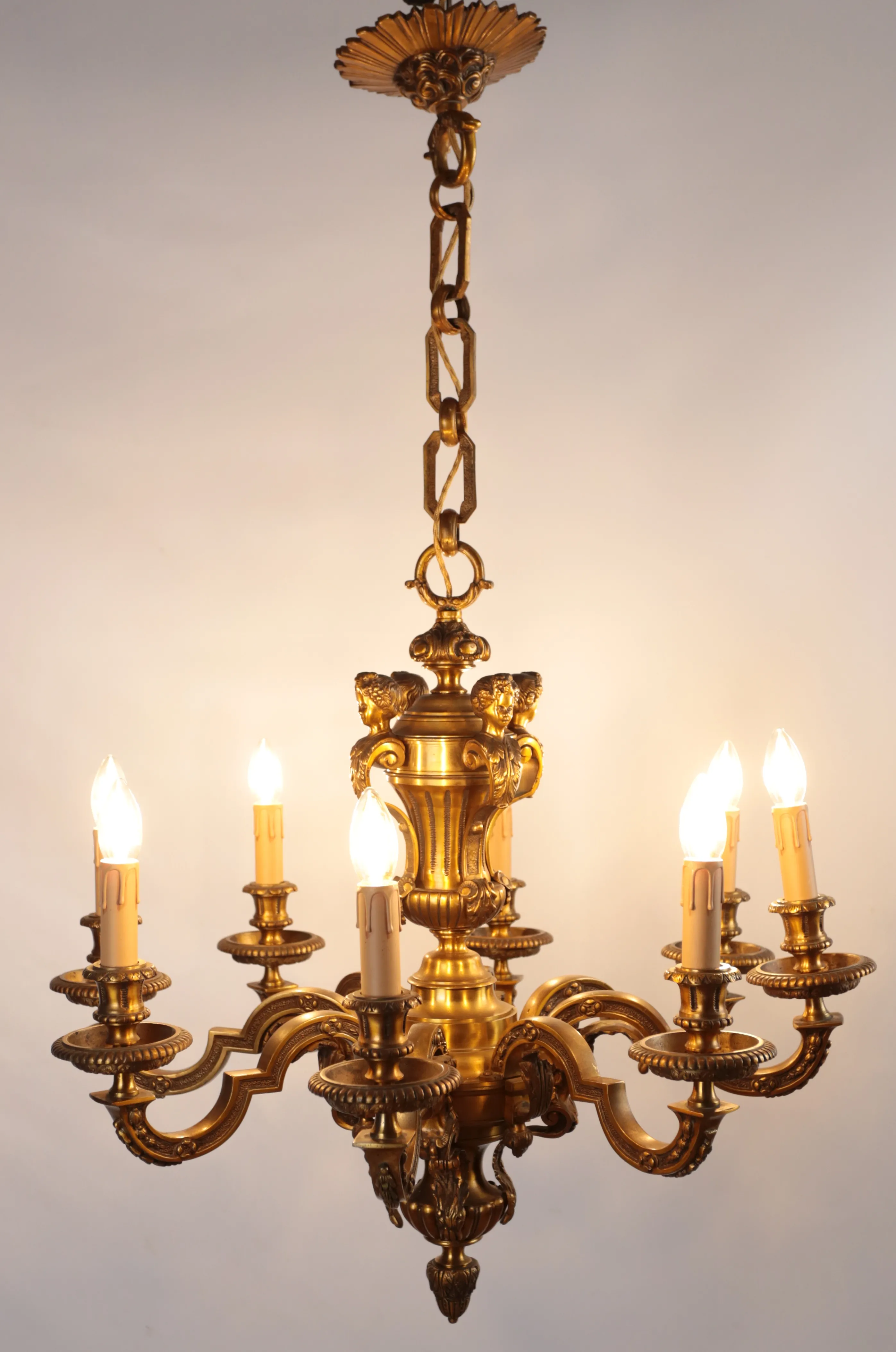 Starožitný francouzský bronzový lustr Mazarin, zlacený - 8