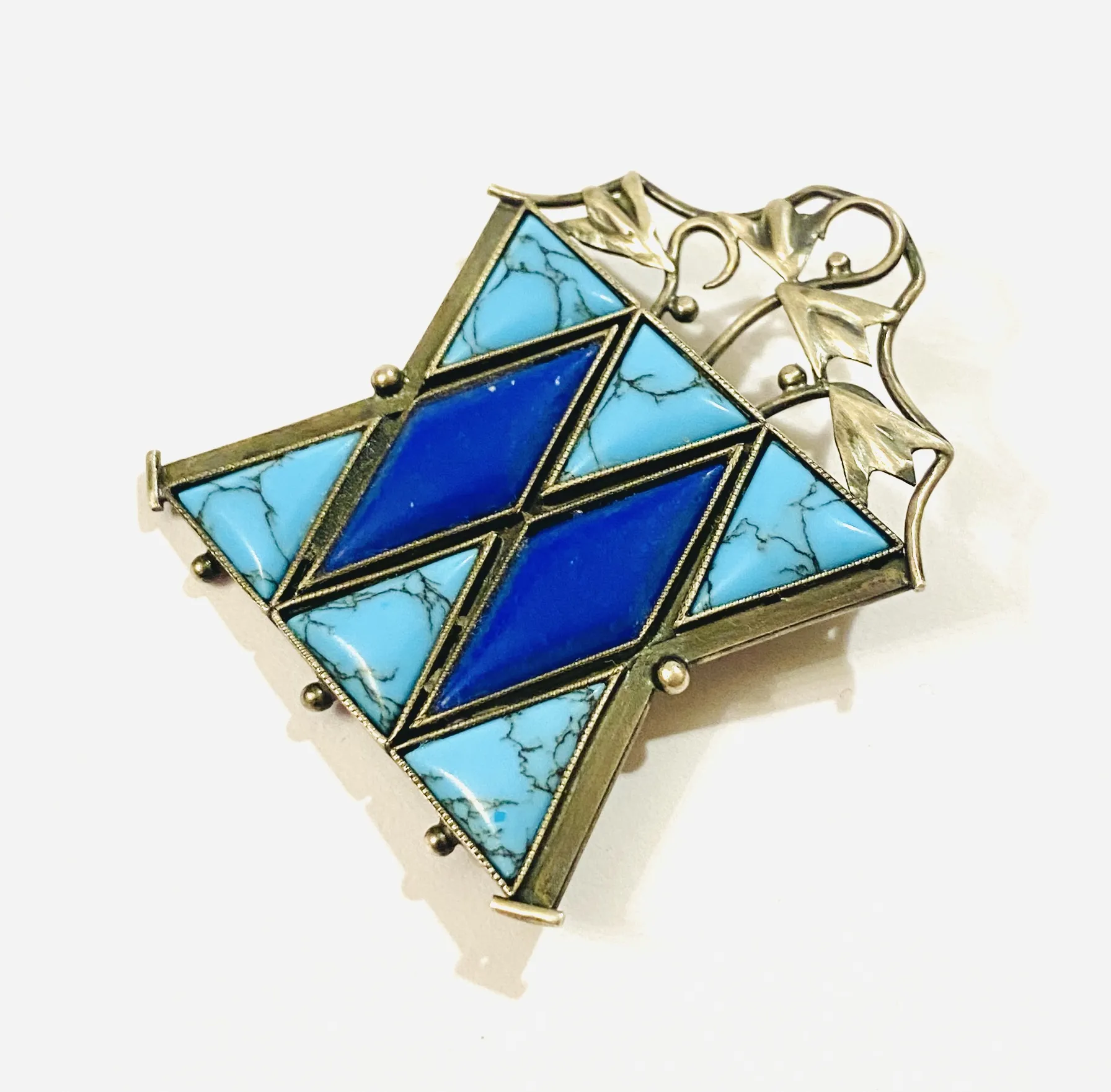 Stříbrná brož s lapis lazuli a tyrkysy – dle SUPŠ Turnov - 3