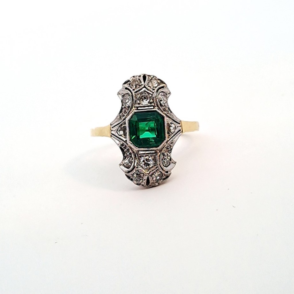 Art deco zlatý prsten se smaragdem a diamanty