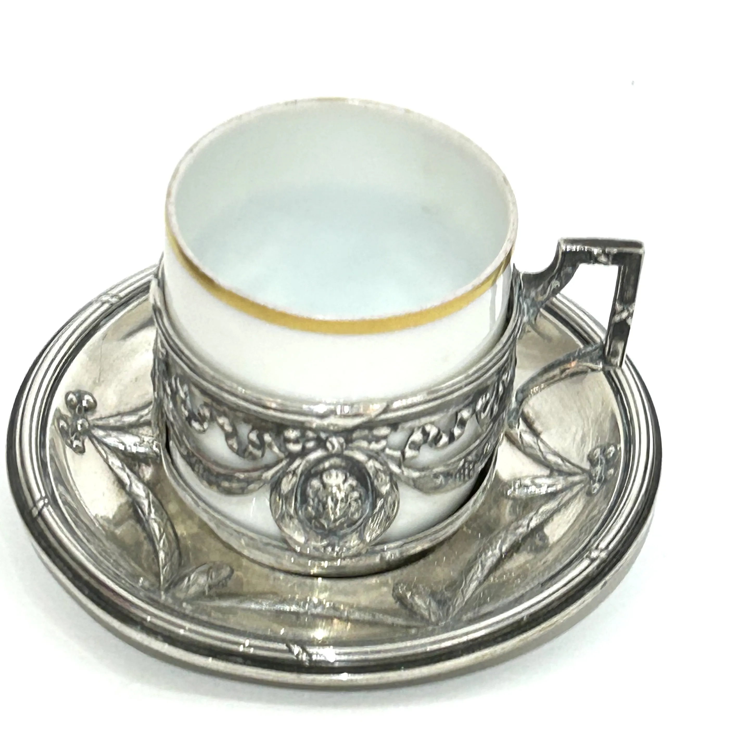 Stříbrný podšálek a stříbrný šálek s porcelánovou vložkou - 5