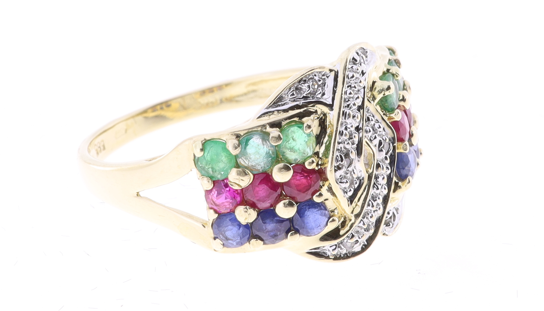 Multibarevný zlatý prsten zdobený safíry, rubíny, smaragdy a diamanty