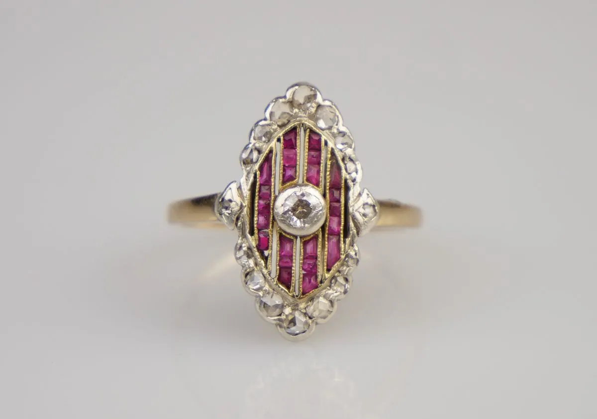 Art deco zlatý prsten s rubíny a diamanty - 3