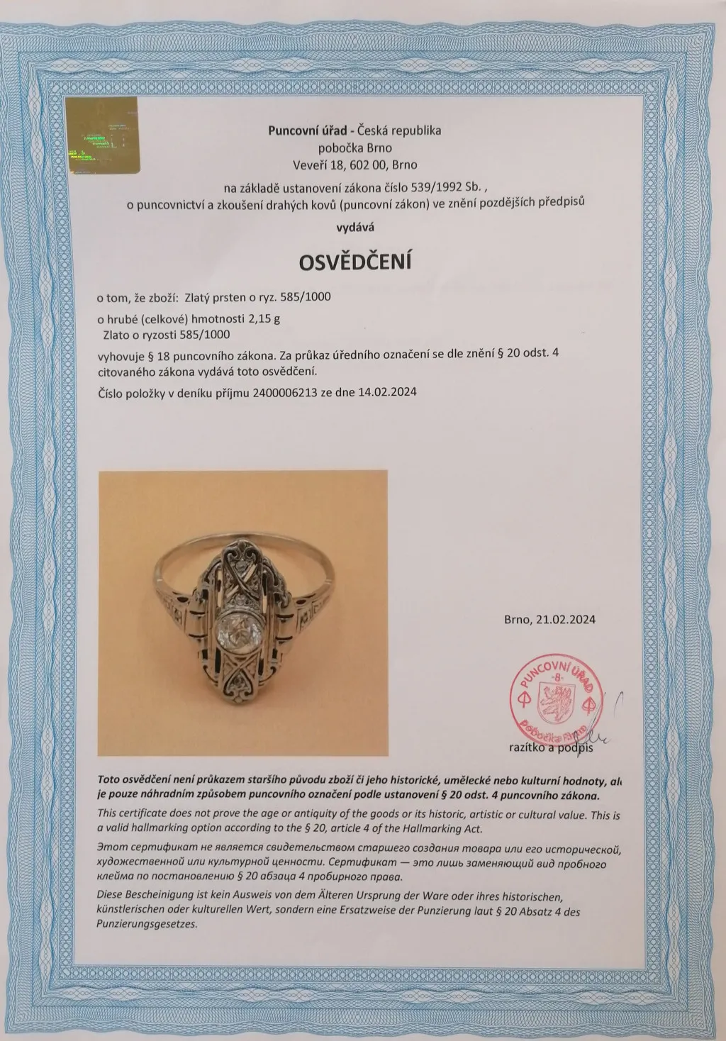 Zlatý prsten s diamanty, Art-Deco, vel. 53 - 5