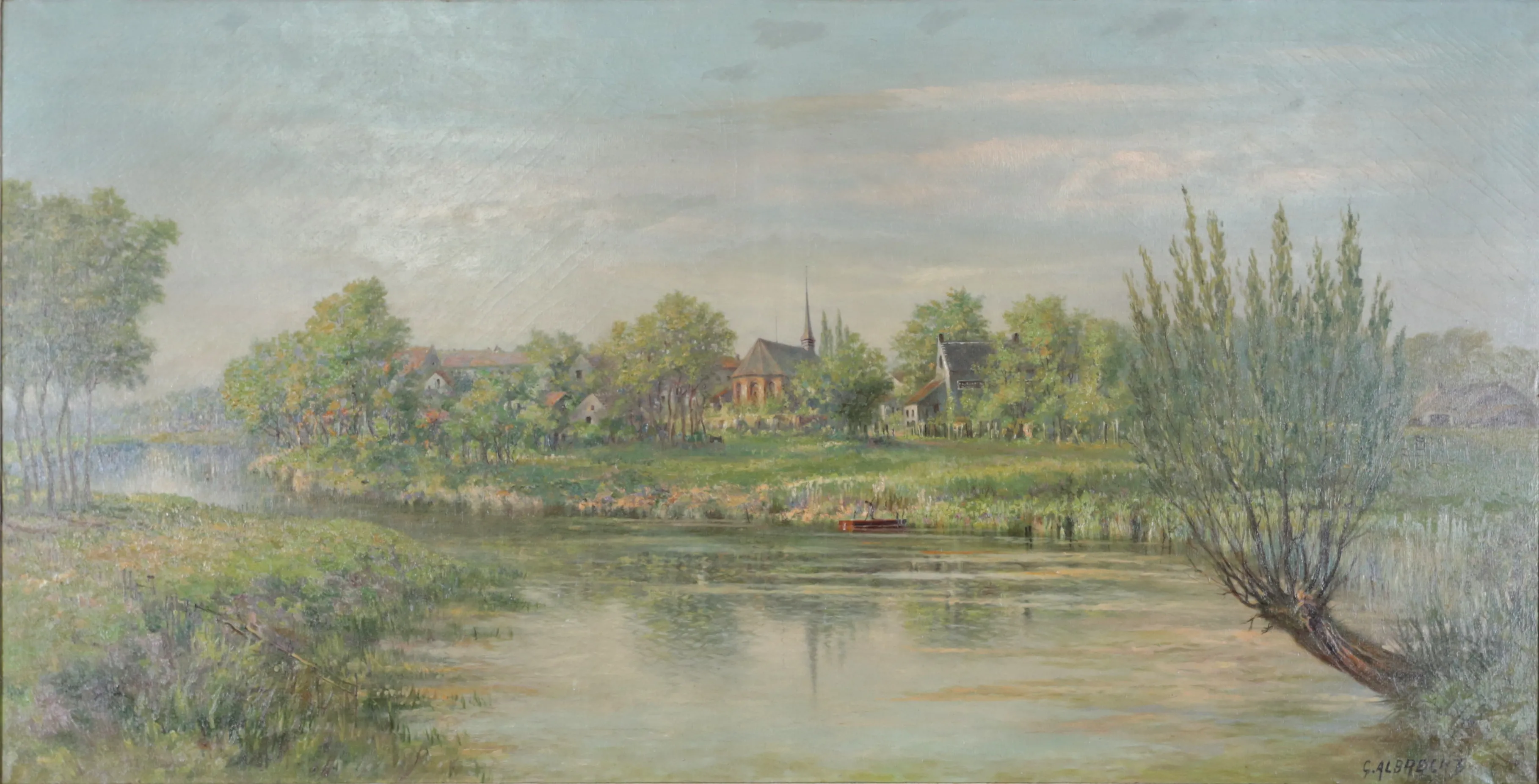 G. Albrecht – Výhled na vesnici s kostelem, velký obraz 232 x 132 cm - 3