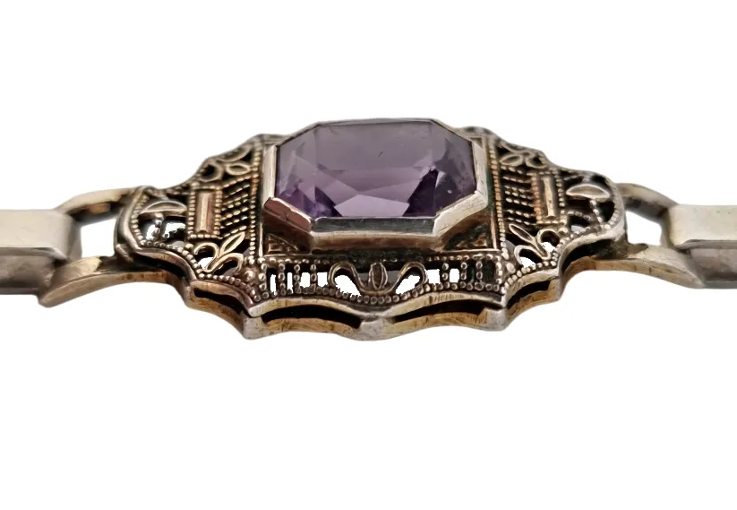 STŘÍBRNÝ ART DECO NÁRAMEK S AMETYSTY - 3