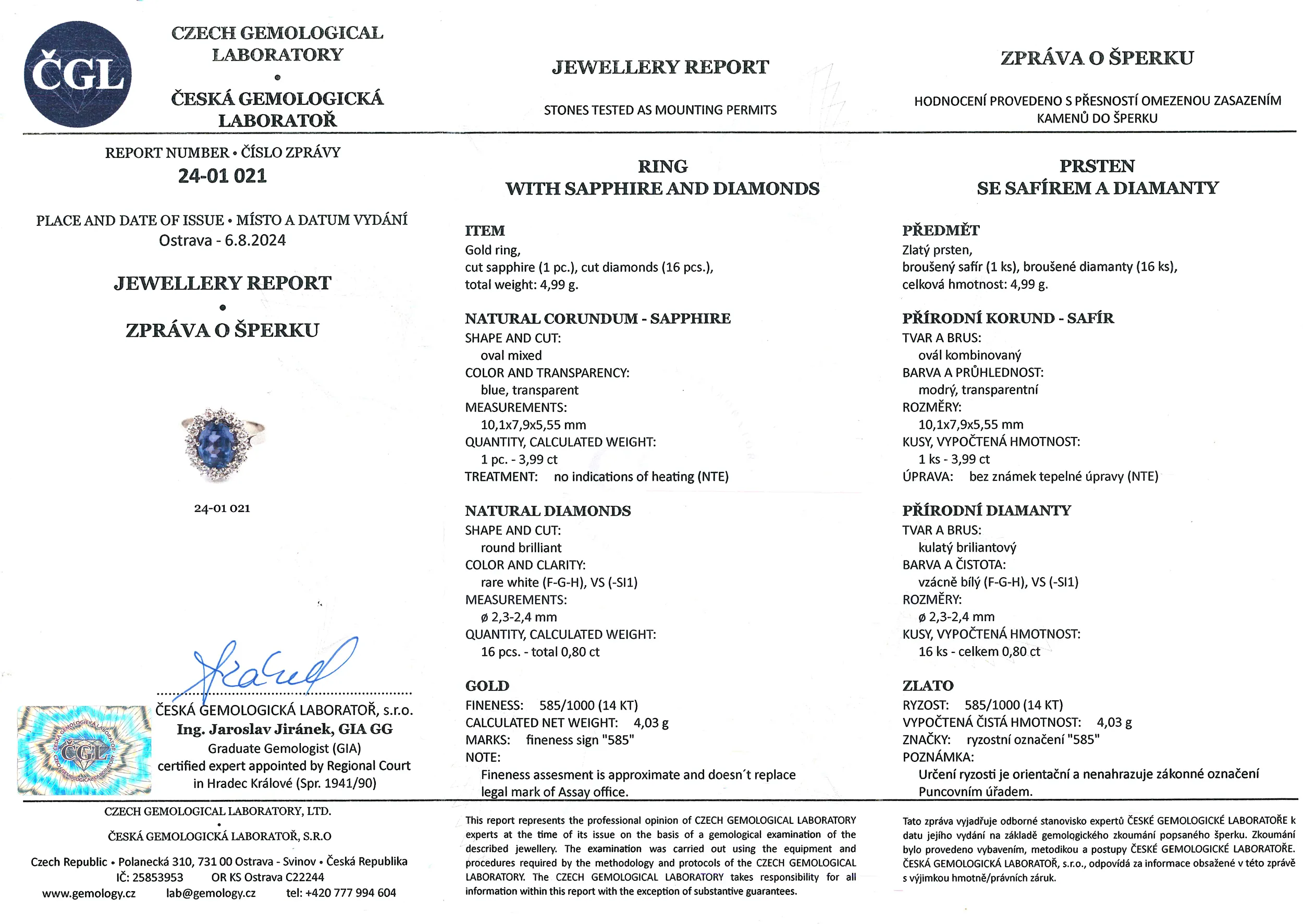 Zlatý prsten s přírodním safírem 3,99 ct, vysoká kvalita i odhad 522,900 Kč - 7
