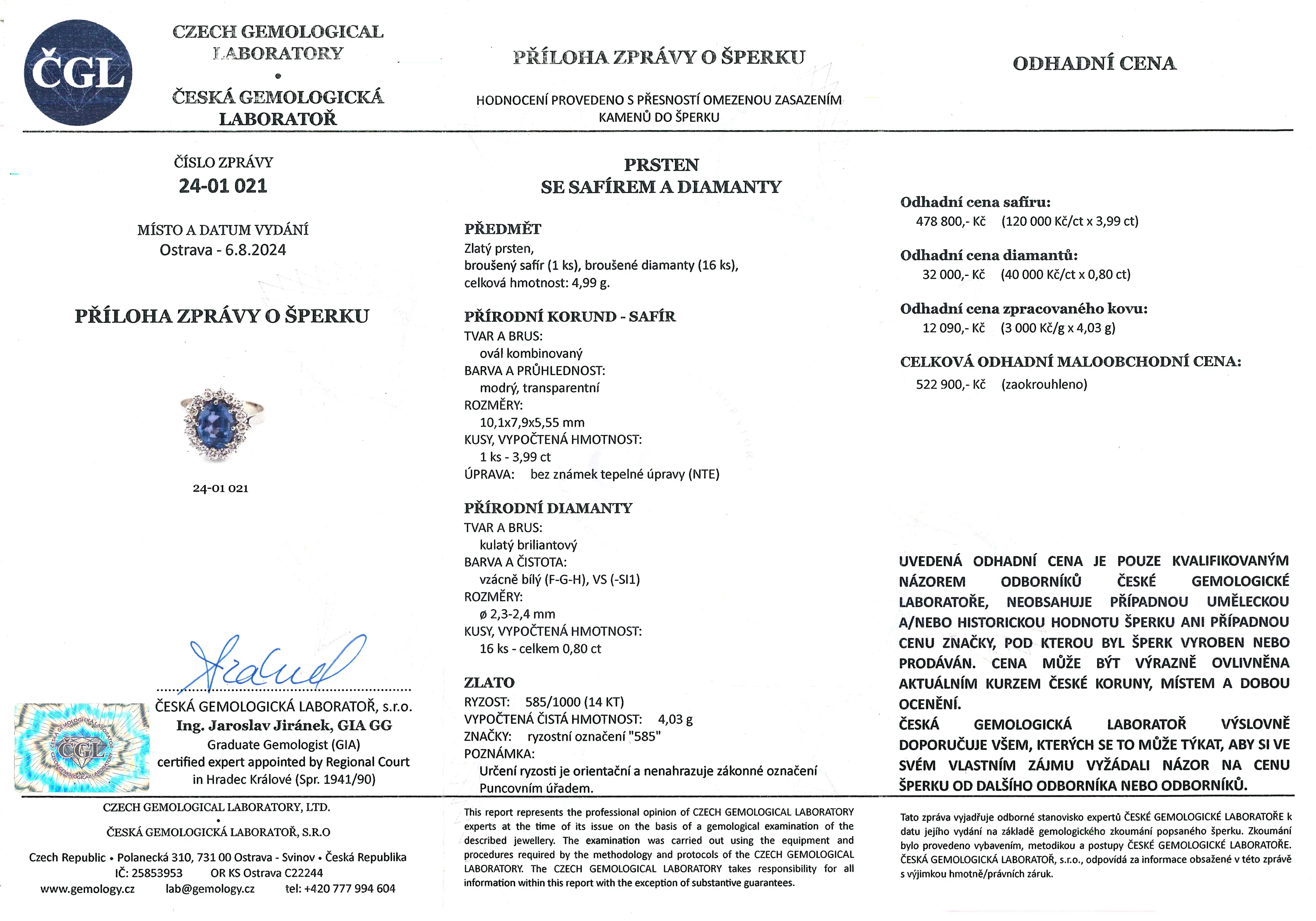 Zlatý prsten s přírodním safírem 3,99 ct, vysoká kvalita i odhad 522,900 Kč - 8