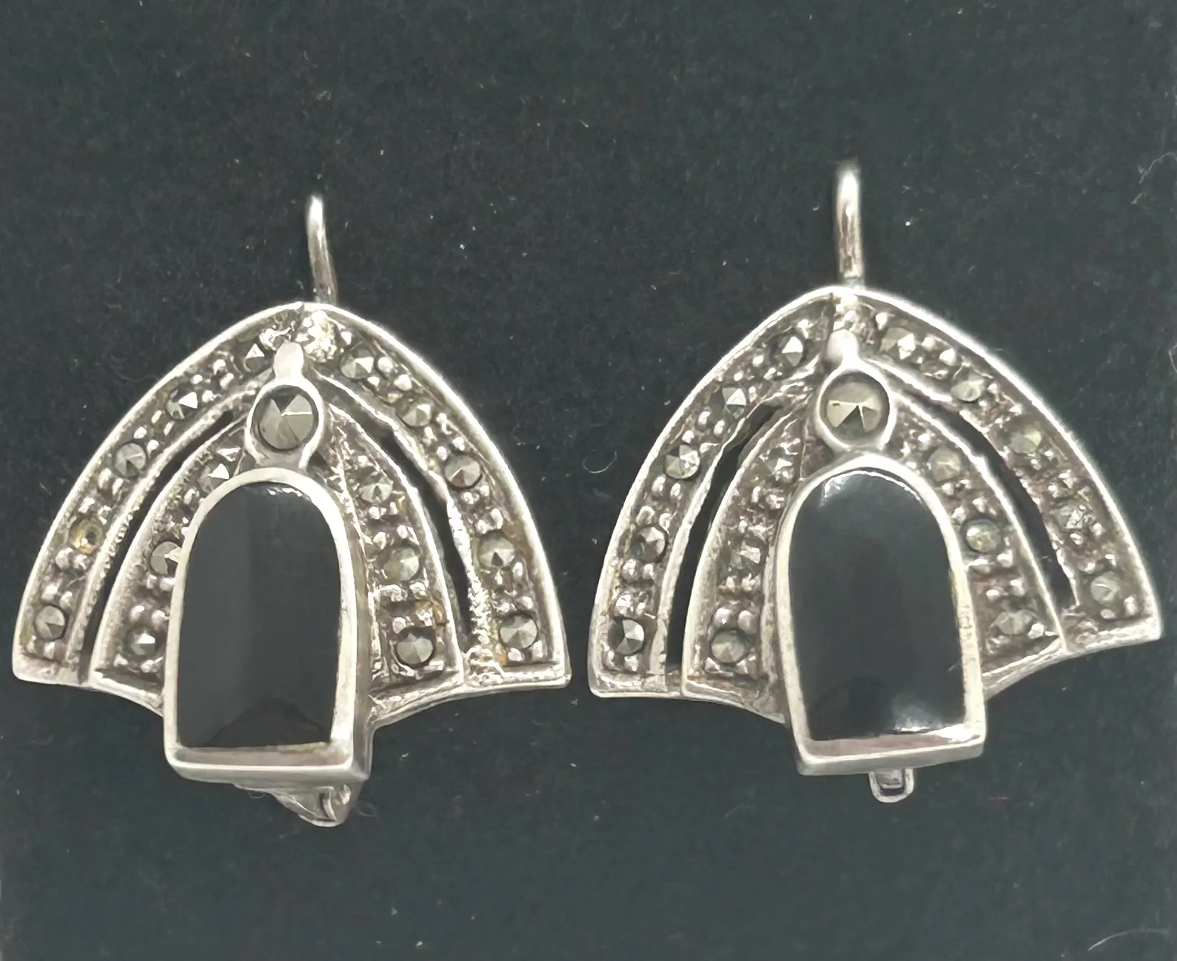 Art deco stříbrné náušnice s onyxem a markazity - 2