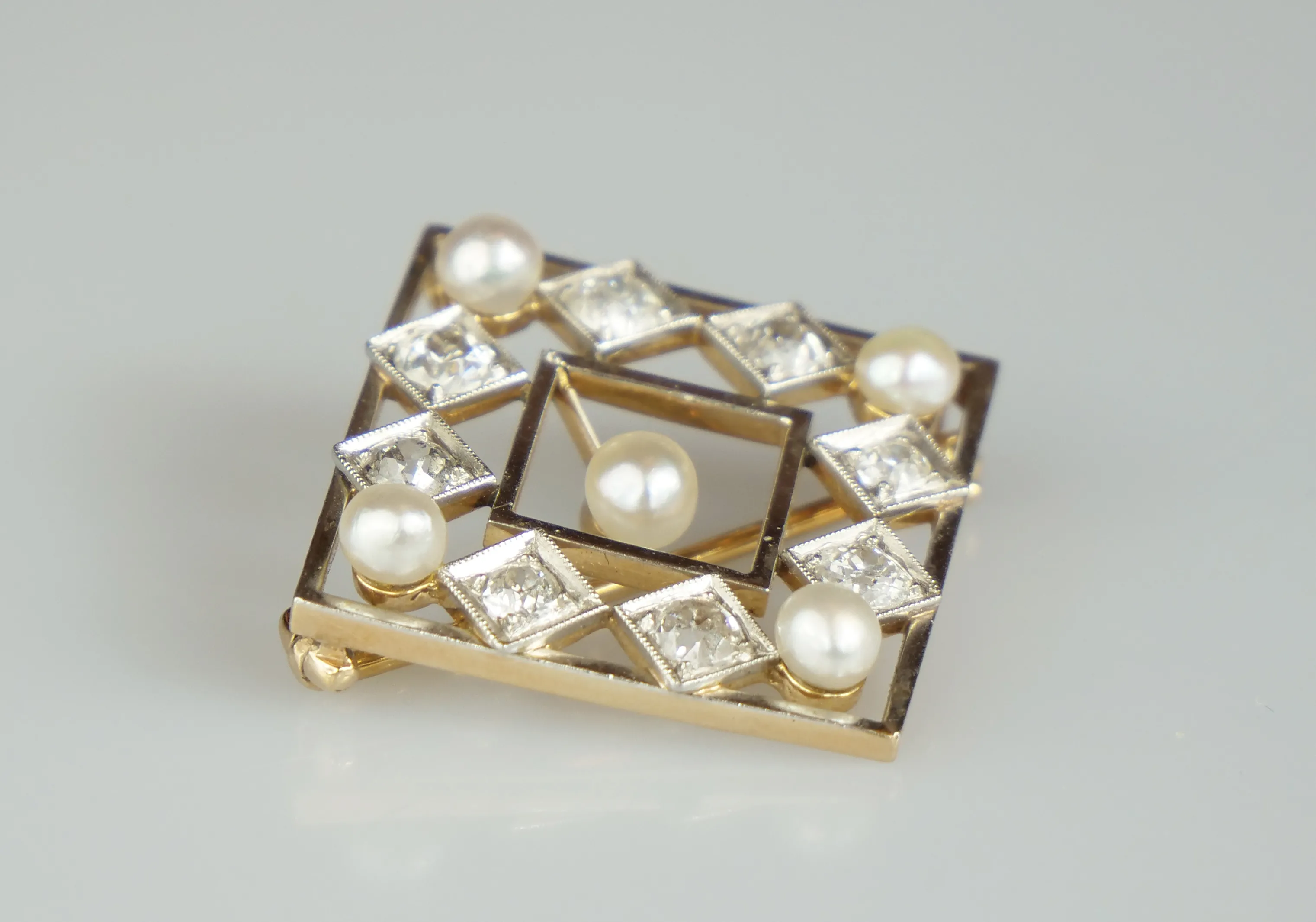 Zlatá art-deco  brož s diamanty a perlami - 2