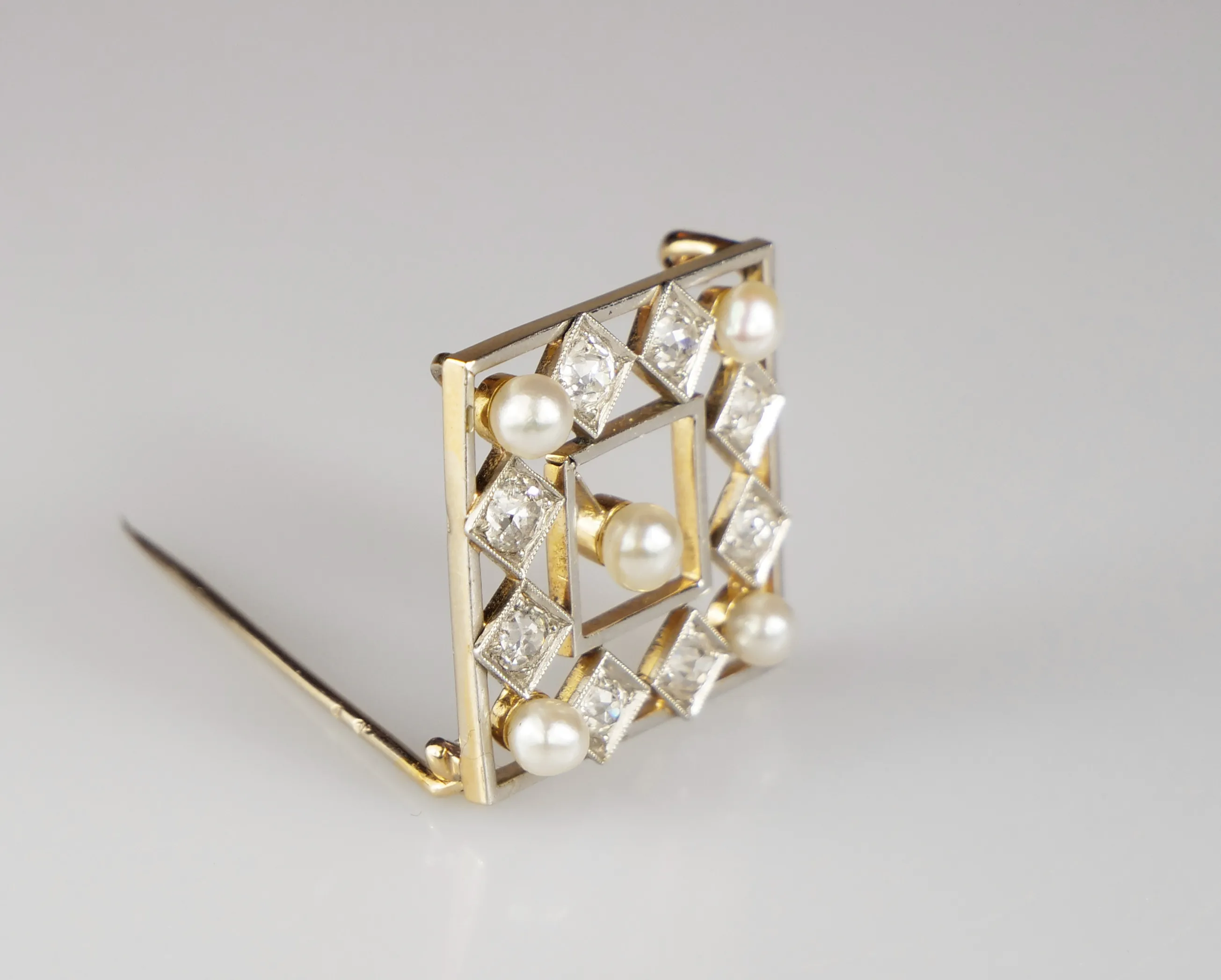 Zlatá art-deco  brož s diamanty a perlami - 3