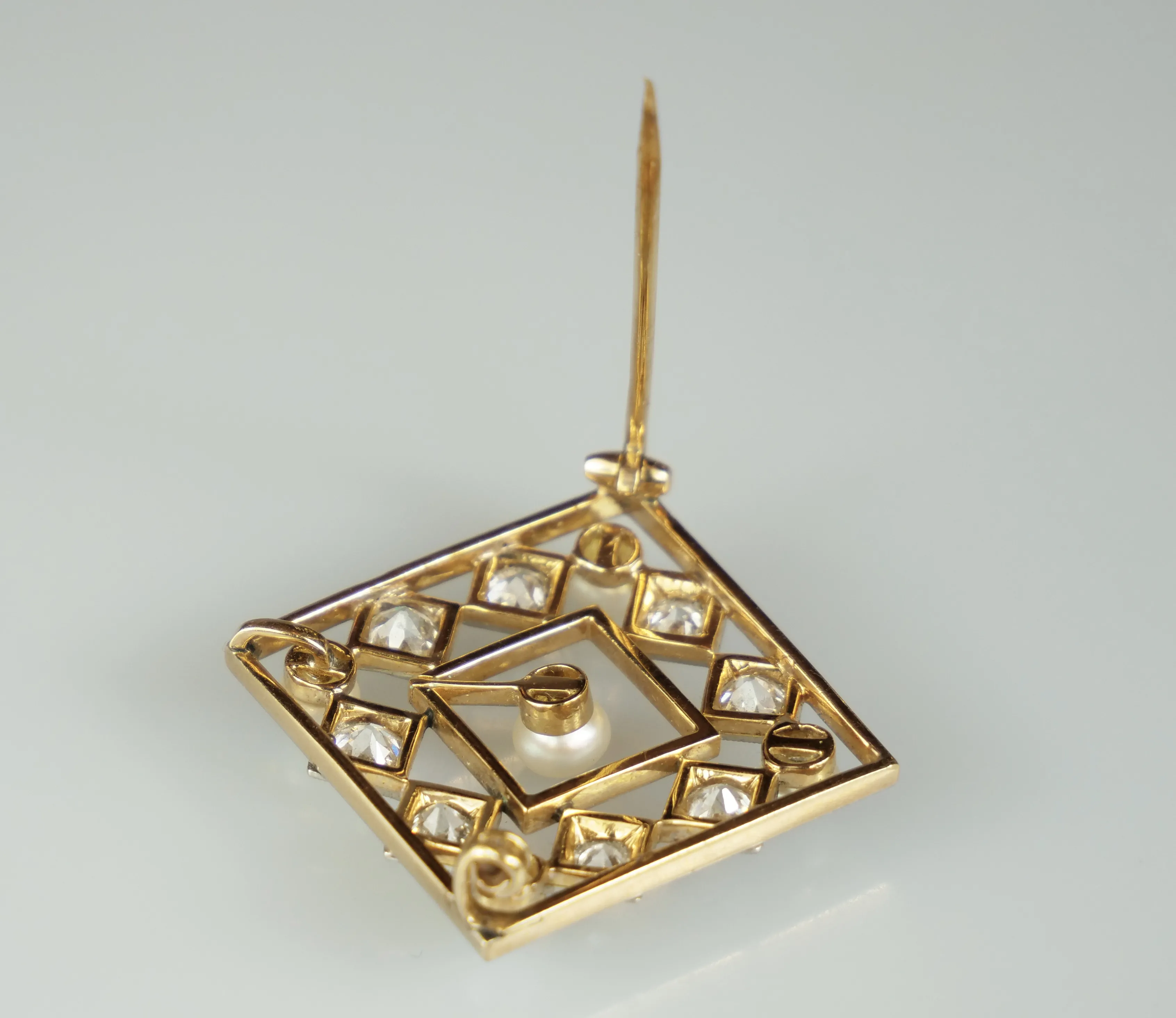 Zlatá art-deco  brož s diamanty a perlami - 5