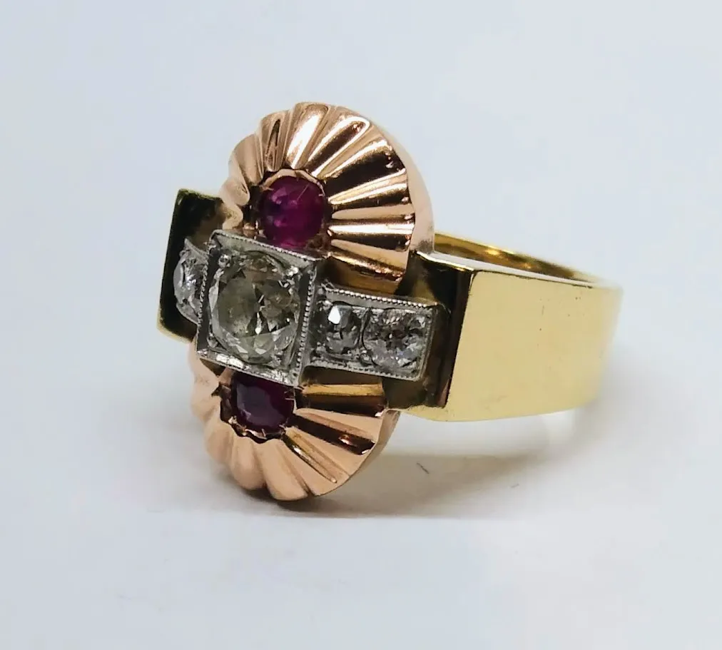 Zlatý art-deco prsten s diamanty a spinely - 2